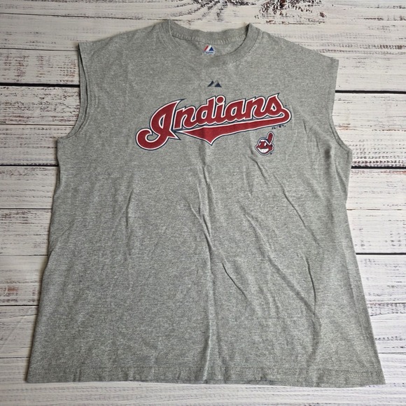 Majestic Other - Majestic 2010 Cleveland Indians Cutoff Shirt Mens Large Gray‎ Chief Wahoo Script
